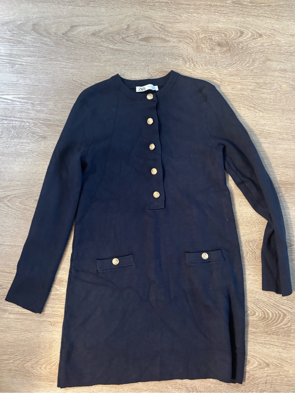 Zara Navy Long-Sleeve Knit Dress with Gold Buttons